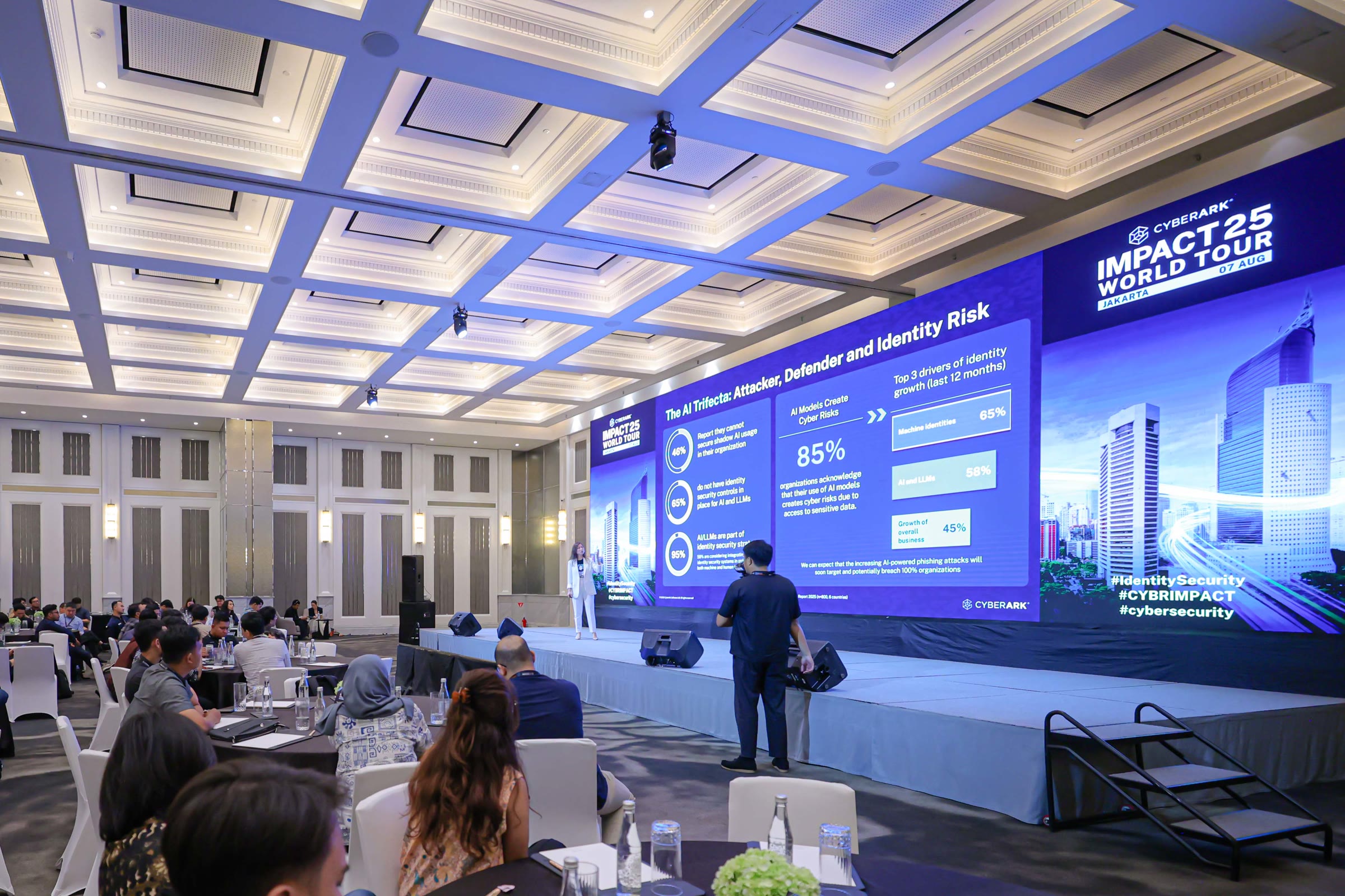 The Jakarta plenary under a coffered ceiling, a speaker on stage beside a full-width screen carrying the IMPACT25 World Tour Jakarta title card, guests seated at round tables facing the stage