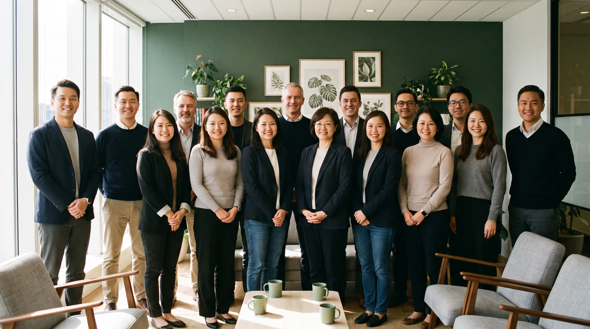 Placeholder illustration of a team group photograph — not the ROOTS team. A generated image of sixteen professionals in an office lounge.
